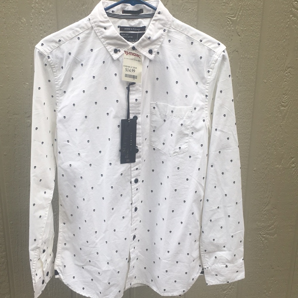 Denim & Flower Skull Detail Button Up Men’s Shirt